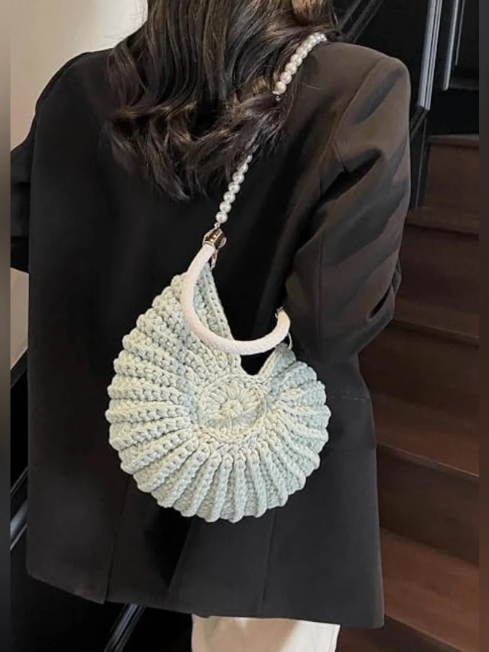 Crochet Seashell Purse Round Crochet Shoulder Bag in Light Blue with Pearl Stra